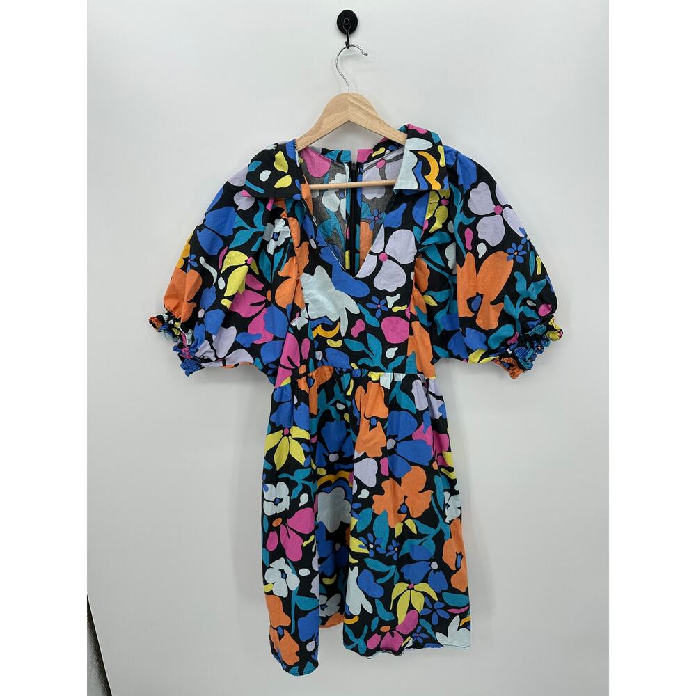 Floral Maximalist Mini Dress Women Sz L Collar Bright Summer Puff Cotton